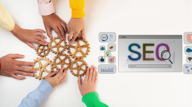 A dynamic image showcasing teamwork with hands reaching for gears, symbolizing collaboration and strategy for effective search engine optimization in a professional workspace. Raster