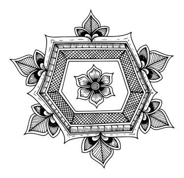 Hand drawn hexagonal floral mandala ornament vector illustration