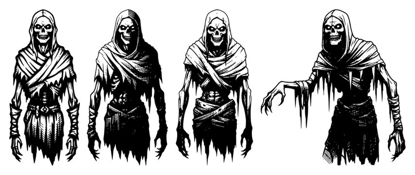 Hand drawn hooded undead wraith characters set vector illustration