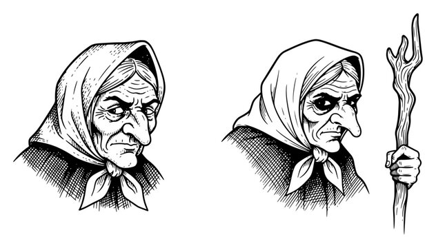 Hand drawn Baba Yaga witch portraits with staff vector illustration