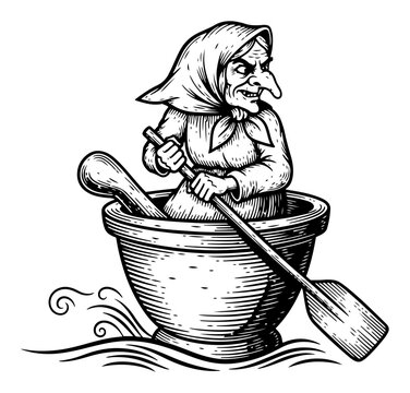 Hand drawn Baba Yaga flying in mortar with paddle vector illustration