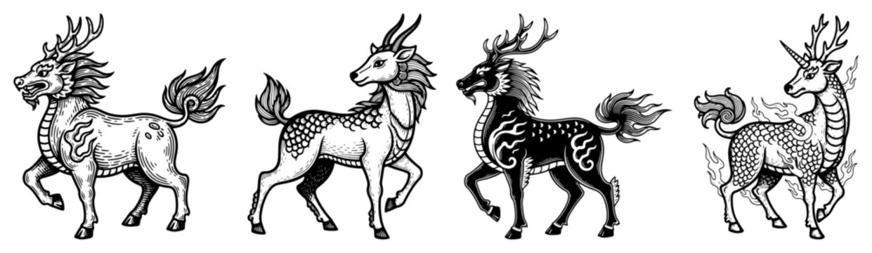 Set of mythical kirin creatures in vintage engraving style