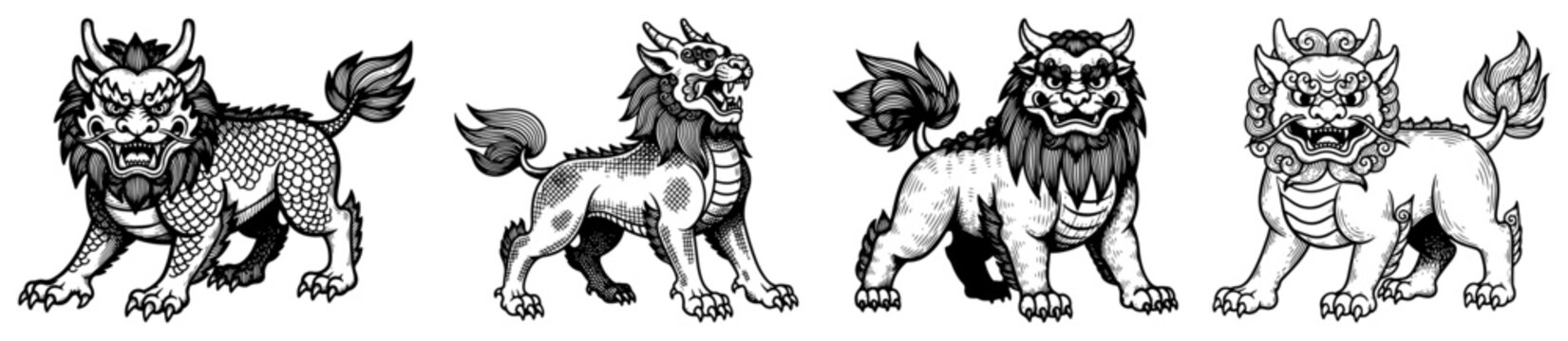 Set of chinese guardian lion creatures line art