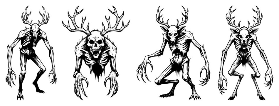 Hand drawn ink sketch set of wendigo deer skull monsters