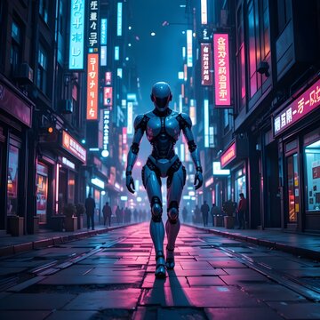 Cyborg walks alone at night in futuristic neon lit city street with tall buildings and advertisements