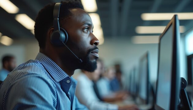 Man with headset works at computer in modern office. Colleagues nearby use PCs. Focused call center agent helps clients with support. Customer care employee speaks on microphone.