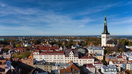Obraz premium Drone View of Medieval Tallinn Old Town and St Olafs Church Estonia