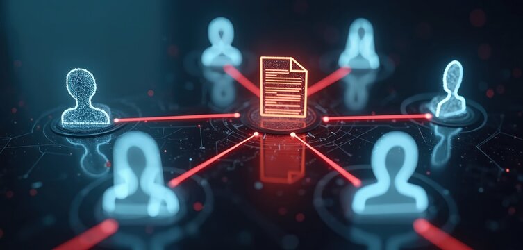 Abstract network shows people connected to central document. Red lines link user icons to glowing file. Digital data transfer or team communication concept.