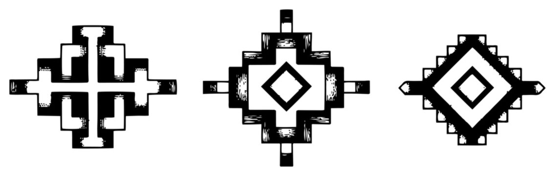 Set of geometric tribal cross symbols in vintage engraving style vector illustration