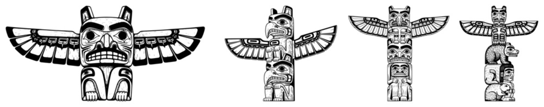 Collection of native american totem poles in detailed engraving style vector illustration
