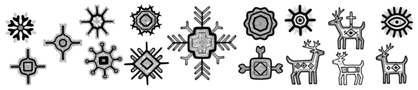 Set of primitive tribal symbols and petroglyph icons in engraving style vector illustration