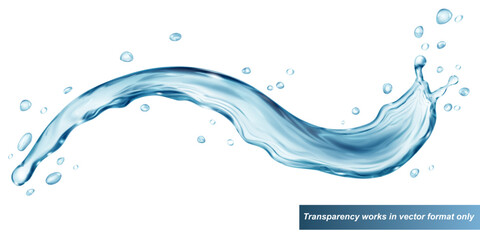 Translucent light blue wavy water splash with droplets isolated on white background. Transparency only in vector format.