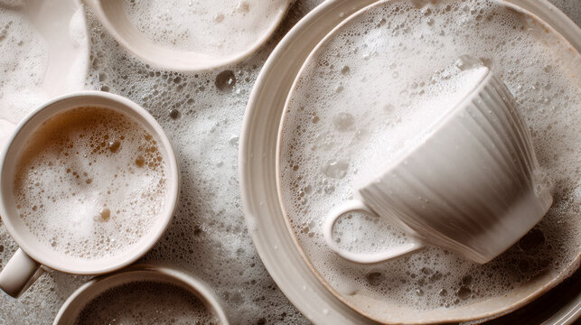 Ceramic cups and plates soaking in soapy water filled with bubbles and foam during dishwashing routine in the kitchen sink area