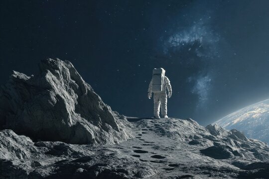 Astronaut standing on a rugged lunar rock surface under a star-filled sky with distant Earth on the horizon