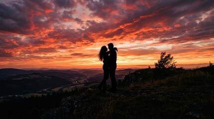 Fototapeta premium Romantic couple embracing in silhouette against a breathtaking vibrant sunset sky over a picturesque mountain landscape, symbolizing love and togetherness.