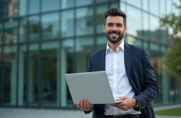 Fototapeta premium Smiling man in suit holds laptop outside modern glass office building. He represents career success and pro work in urban city environment. He looks directly at camera.