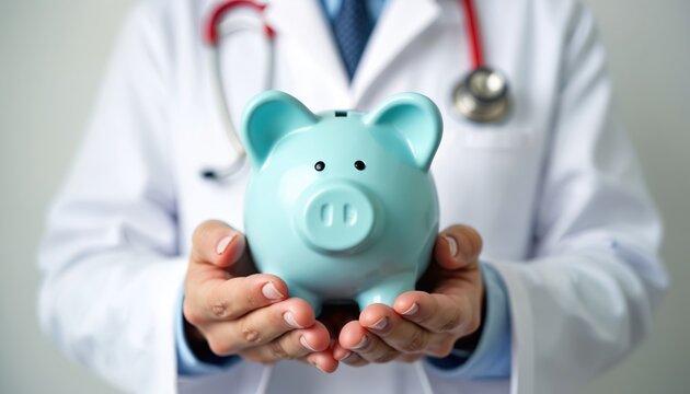 Doctor holds blue piggy bank, saving money for health care costs. Medical pro offers financial advice on wellness budget planning, investment, and medical expense management for a secure future.