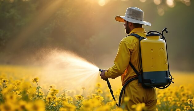 Man in yellow suit and hat sprays pesticide on yellow flower field. He wears a backpack sprayer, working outdoors at sunrise, sun rays beam through mist.