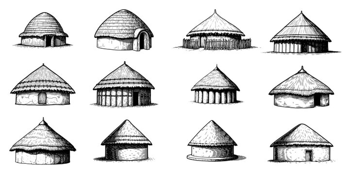 Set of various traditional African tribal huts with thatched roofs hand drawn sketches