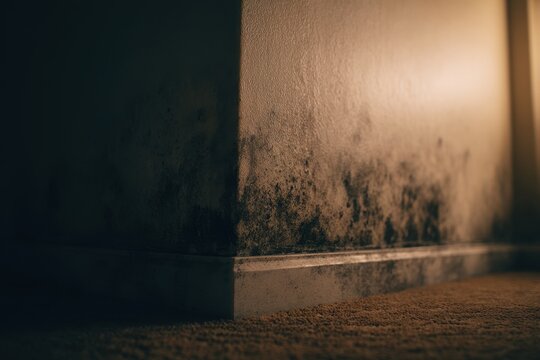Close-up photograph of black mold growth in the damp interior wall corner