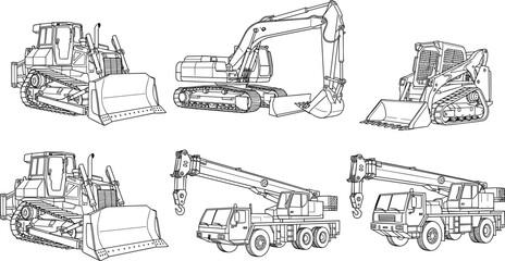Construction machinery silhouettes, bulldozer excavator artwork, mobile crane vector, heavy equipment illustration, engineering design graphic, industrial vehicle technical drawing set © Fenshi