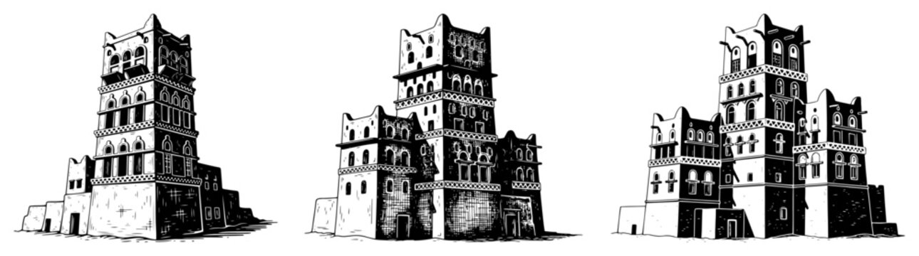 Hand drawn black and white illustration of traditional Yemeni stone towers with decorative white patterns