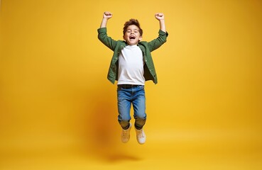 Obraz premium Young boy leaps joyfully arms raised high in air celebrating victory. Energetic kid jumps with pure happiness in studio against bright yellow background. Youthful exuberance, playful spirit captured