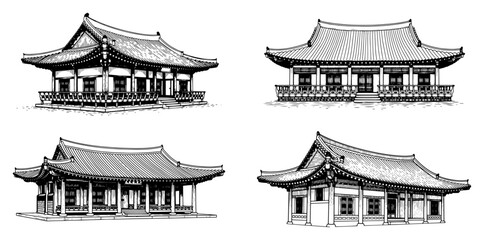 Detailed ink illustration of traditional Korean hanok houses with curved tiled roofs © Tomas