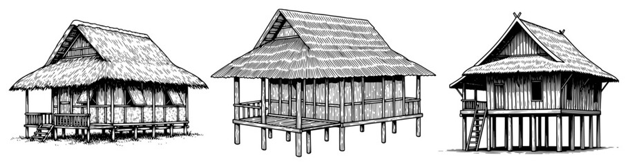 Vintage ink sketch of traditional Southeast Asian stilt houses with thatched roofs
