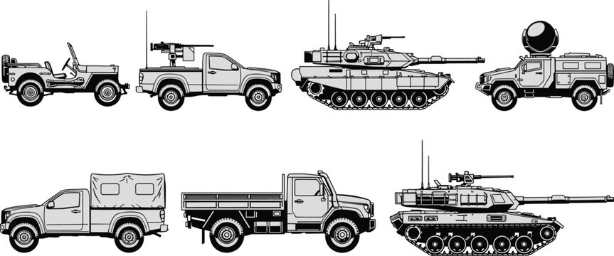Military vehicle silhouettes, battle tanks illustration, armored jeep artwork, utility truck vector, radar dome design, combat transport graphic, war equipment set