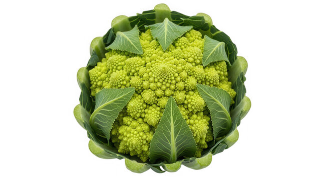 Romanesco broccoli head with vibrant green fractal florets isolated on transparent background