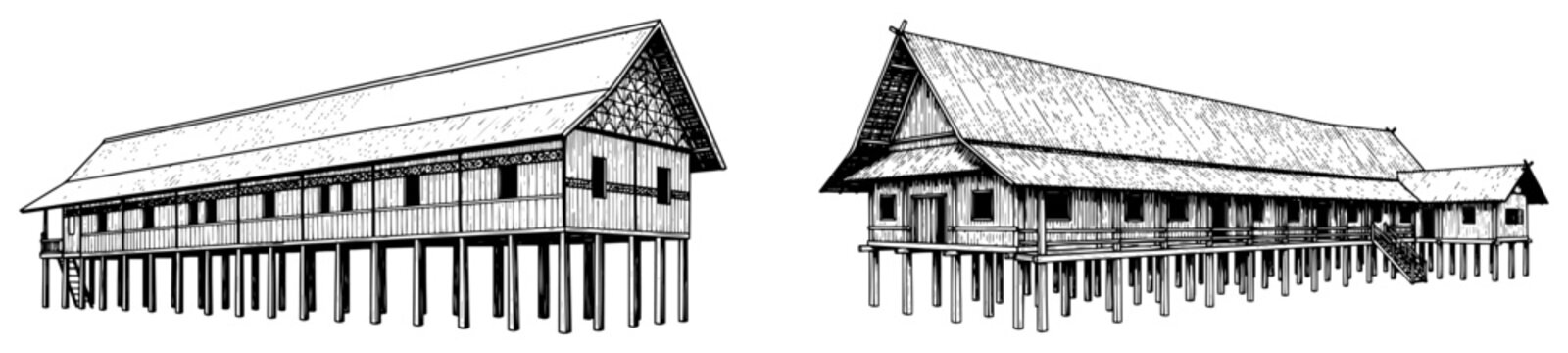 Traditional Dayak longhouse architecture on wooden stilts hand drawn in sketch style
