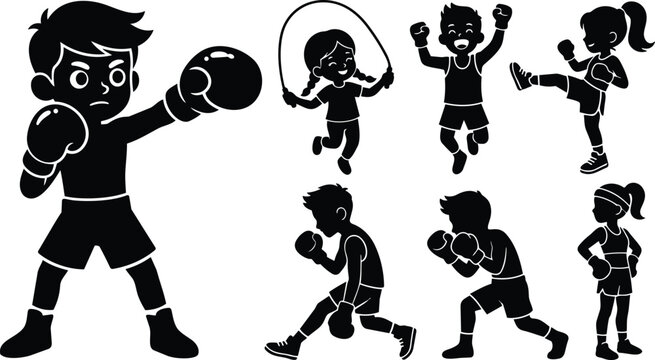 Black and white vector art children boxing jumping and kicking with gloves and jump rope silhouettes