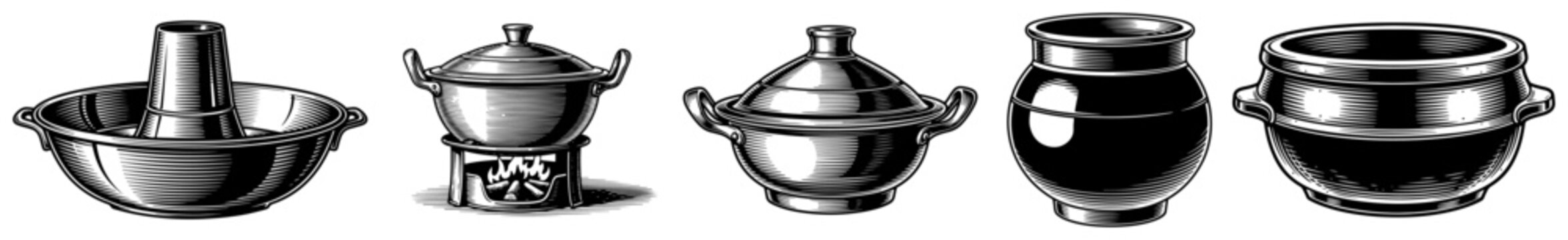 Collection of black and white ink illustrations of traditional Asian cooking vessels and charcoal stoves