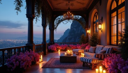 Naklejka premium Elegant balcony at night overlooking city lights. Candlelight illuminates flowers, ornate furniture, and architectural details. Perfect for luxury travel or romantic settings.