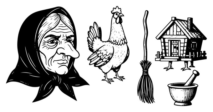 Set of hand drawn folklore elements including witch head chicken broom and cottage on chicken legs