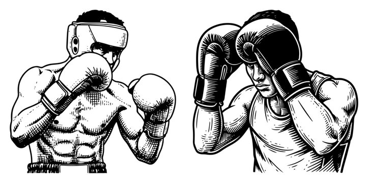 Professional boxers in defensive stance wearing gloves and headgear hand drawn sketches