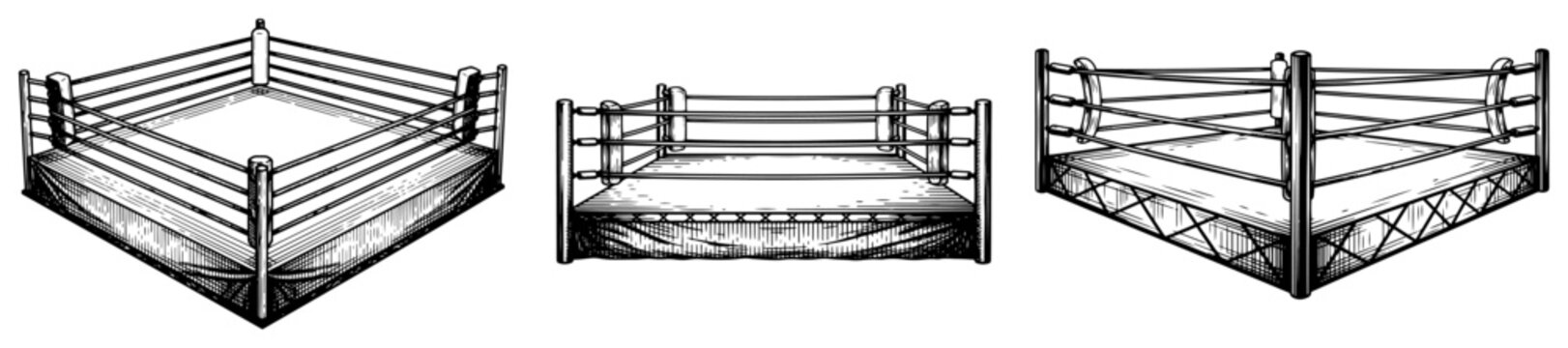 Architectural sketches of professional boxing rings from different perspectives