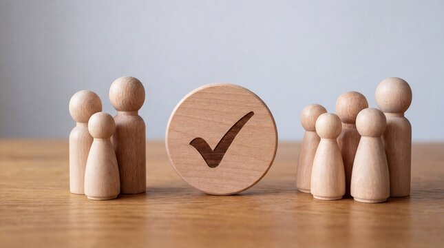 Wooden peg people figurines standing beside a circular token with a checkmark symbol representing team consensus approval success agreement cooperation unity and positive choice in business strategy