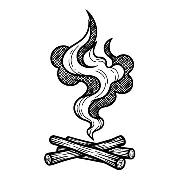 Stylized ink illustration of a campfire with burning logs and rising smoke