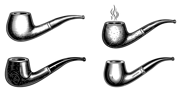 Set of classic wooden smoking pipes in various shapes hand drawn in vintage style