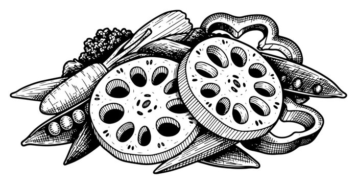 Detailed ink illustration of assorted fresh vegetables including lotus root and peppers