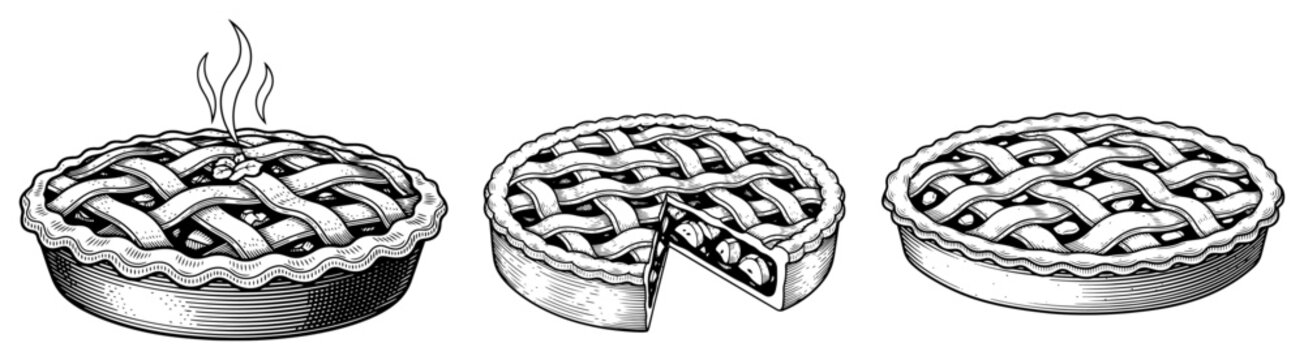 Traditional fruit pies with lattice crust and steam hand drawn in vintage style