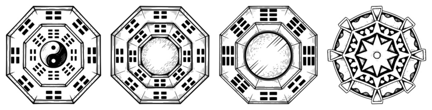 Set of traditional Chinese Bagua octagonal mirrors with yin yang and trigram symbols