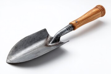 Fototapeta premium Garden hand shovel on white studio background with wooden handle and metal blade