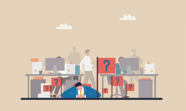 Quiet quitting flag on pillars boredom, exhaustion or burn out from hard work without recognition concept, unhappy businessman sleeping while working at busy workplace