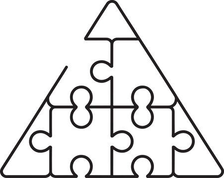 Black outline of a triangular puzzle composed of seven interlocking pieces forming a cohesive whole with a missing piece on a white background
