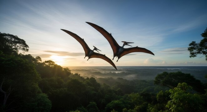 Two pterodactyl flying over an ancient rainforest at sunrise. Prehistoric animal life in the Jurassic period. Wildlife and nature concept for documentary.