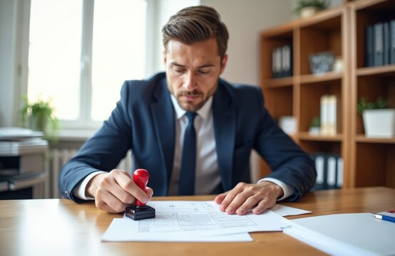 Man in suit stamps document with red rubber stamp in office. Businessman approves papers with official seal on wooden desk. Legal document stamping and paperwork process.