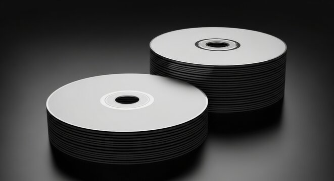 Two stacks of blank CDs on a dark background, ready for data storage or music distribution in a modern tech setting